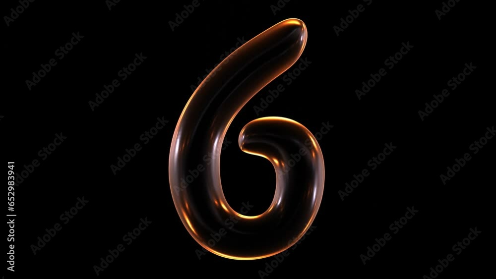Poster seamless animation of glowing number 6 with light and reflections isolated on black background in 3d