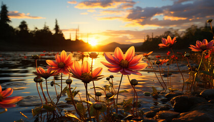A vibrant sunset reflects on a tranquil pond, nature beauty generated by AI