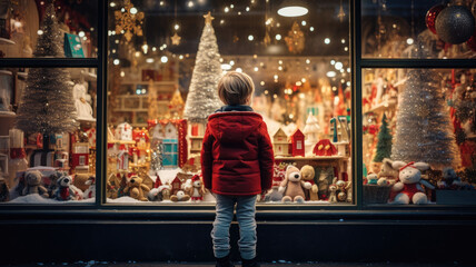 A child stands in front of a toy store window on Christmas Eve. - obrazy, fototapety, plakaty