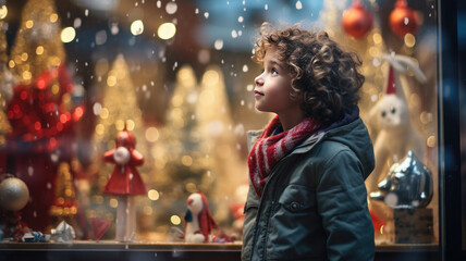 A child stands in front of a toy store window on Christmas Eve.