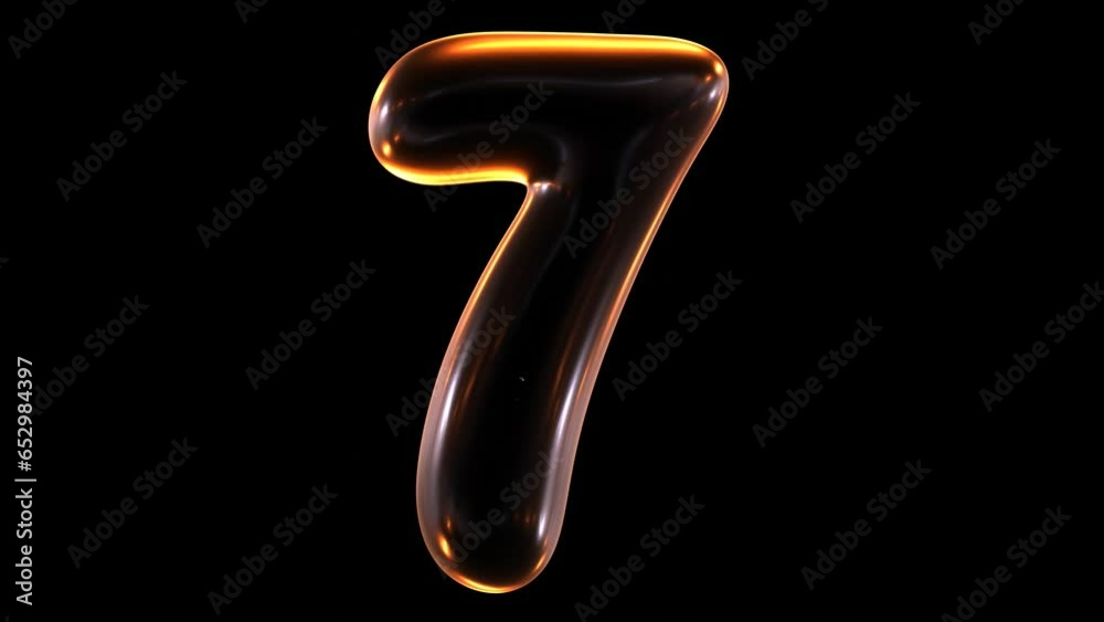 Poster seamless animation of glowing number 7 with light and reflections isolated on black background in 3d