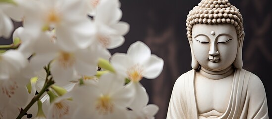 Buddha meditating with magnolia blossom