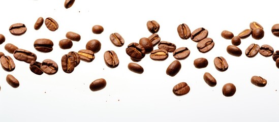 Obraz premium Coffee beans falling on white background for coffee product advertising with selective focus