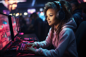 Fototapeta na wymiar black girl esports player with headphones playing at computer at the online games championship