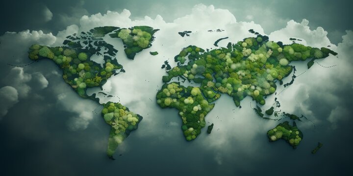 Naklejki World Map Encircled by a Flourishing Forest, Shrouded in Clouds, Symbolizing the Earth as a Breathing Entity Amidst the Challenges of Climate Change