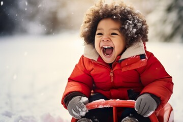 Black mixed race toddler child wearing a red coat laughing and having fun on a snow sled, skid, sledge, toboggan and sliding down hill of snow, winter snowy Christmas season | Generative AI - obrazy, fototapety, plakaty