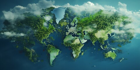 World Map Encircled by a Flourishing Forest, Shrouded in Clouds, Symbolizing the Earth as a Breathing Entity Amidst the Challenges of Climate Change