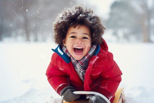 Black mixed race toddler child wearing a red coat laughing and having fun on a snow sled, skid, sledge, toboggan and sliding down hill of snow, winter snowy Christmas season | Generative AI