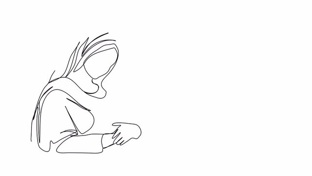 Shawl-wearing woman with a baby in her arms. Biblical stories, virgin mary with jesus christ in her arms. One line drawing animation with alpha channel.