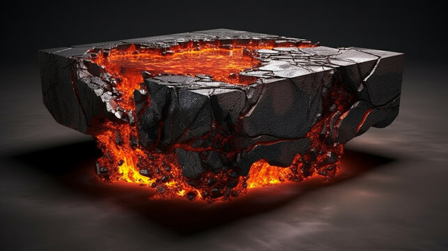 A black rock platformp linth with flowing lava, liquid magma, fire, flame, heat, burning, bonfire, coal, campfire, hot, wood, burn, flames, red, grill, firewood, orange, barbecue, embers, ash, black.