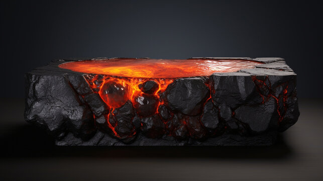 A black rock platformp linth with flowing lava, liquid magma,
