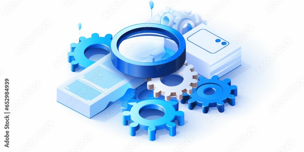 Poster Magnifying Icon with Gears Positioned at the Center, Set Against a Clean White Background, Symbolizing the Intersection of Technology, Precision, and Visual Exploration in a Transparent Concept