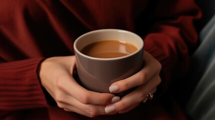 hands holding a cup of coffee, cozy christmas, mug of hot chocolate or coffee, woman relaxes with a cup of hot drink, hands holding coffee mug, Winter, Christmas holidays concept	
