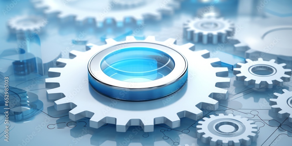 Aufkleber Magnifying Icon with Gears Positioned at the Center, Set Against a Clean White Background, Symbolizing the Intersection of Technology, Precision, and Visual Exploration in a Transparent Concept