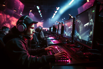 Fototapeta na wymiar team of male teenagers esports players with headphones playing at computers at cybersport online games championship