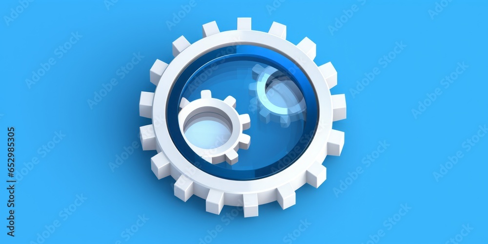 Poster Magnifying Icon with Gears Positioned at the Center, Set Against a Clean White Background, Symbolizing the Intersection of Technology, Precision, and Visual Exploration in a Transparent Concept