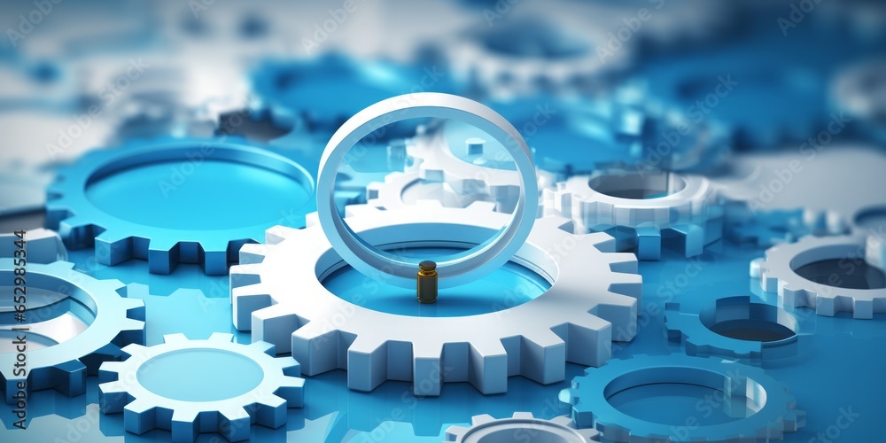 Poster Magnifying Icon with Gears Positioned at the Center, Set Against a Clean White Background, Symbolizing the Intersection of Technology, Precision, and Visual Exploration in a Transparent Concept