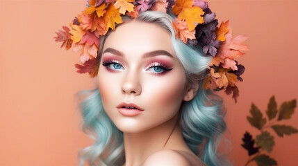Obraz na płótnie Canvas autumn queen beautiful woman wearing pastel makeup