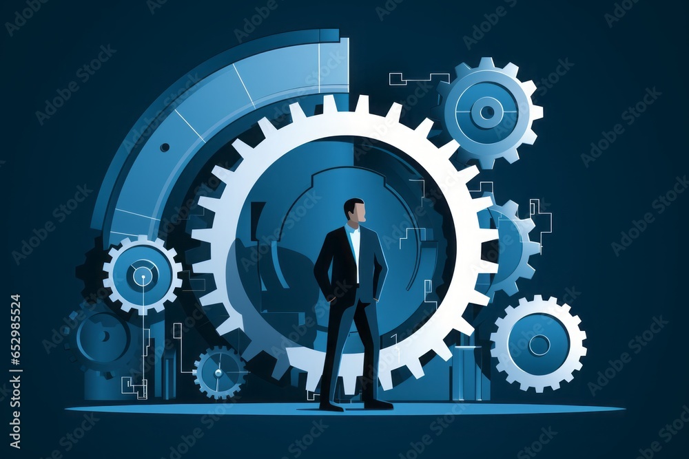 Poster 2d image icon depicting a man standing on a gear wheel, symbolizing the symbiotic relationship betwe