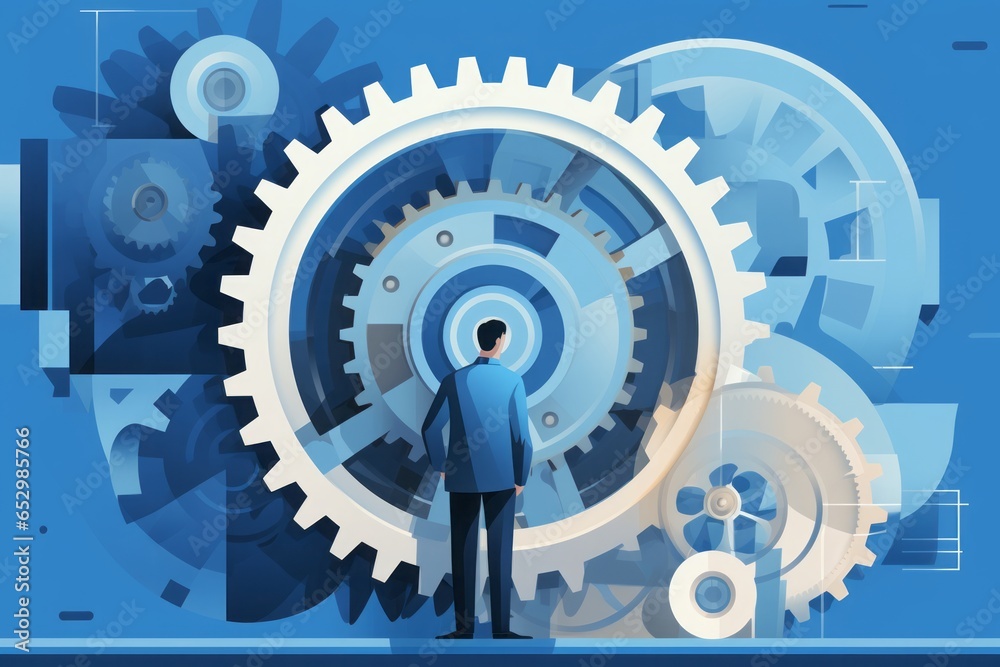 Poster 2d image icon depicting a man standing on a gear wheel, symbolizing the symbiotic relationship betwe