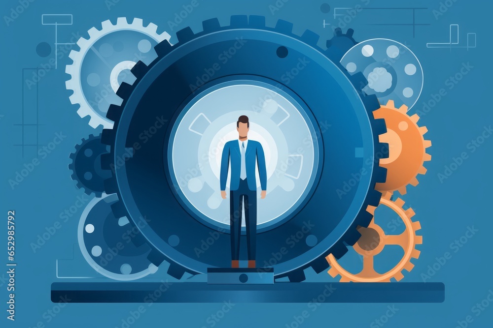 Poster 2d image icon depicting a man standing on a gear wheel, symbolizing the symbiotic relationship betwe