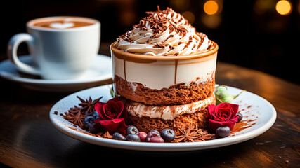 Tiramisu cake with cup of coffee on wooden table. Cake concept. Food concept.