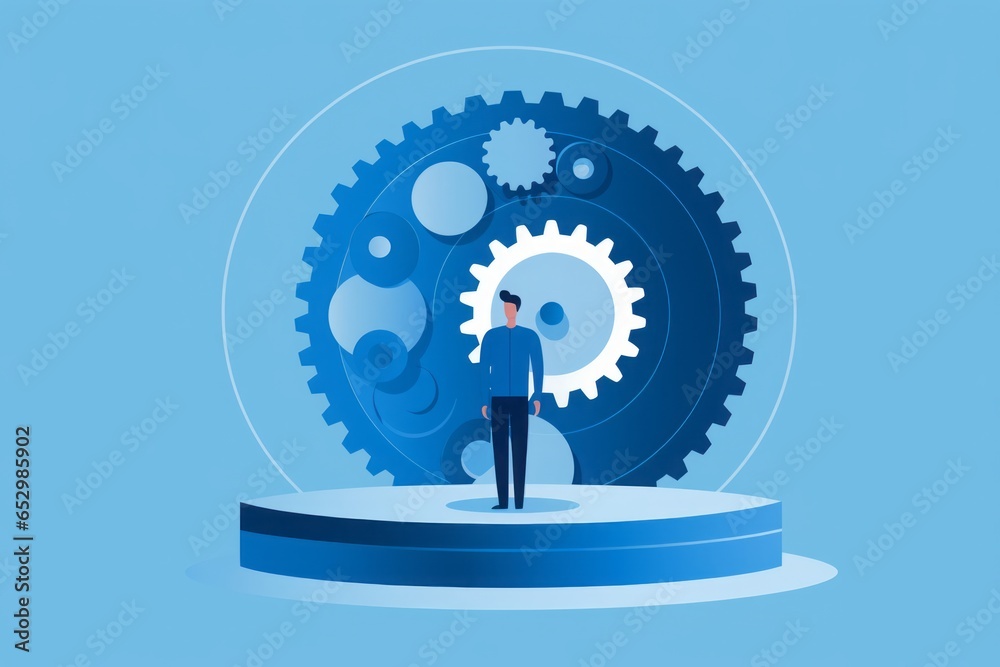 Poster 2d image icon depicting a man standing on a gear wheel, symbolizing the symbiotic relationship betwe