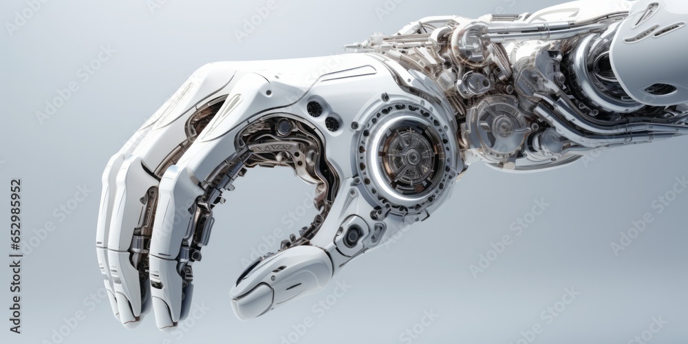 Leinwandbilder robotic hand, an epitome of mechanical precision and technological advancement, firmly holds a gear,