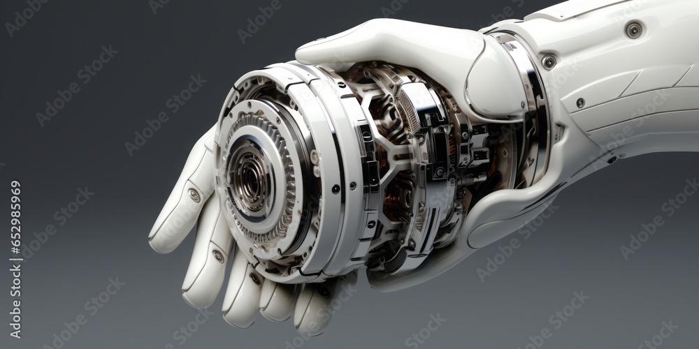 Leinwandbilder robotic hand, an epitome of mechanical precision and technological advancement, firmly holds a gear,