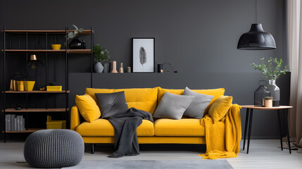 Sofa with pillows and dark yellow blanket.