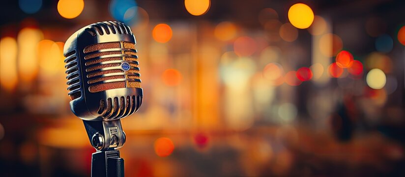 Vintage microphone on restaurant stage with blurred backdrop