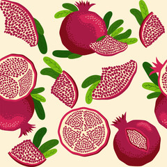 Pomegranate fruit seamless pattern. Bright leaves and fruits, seeds and lobules. Shana Tova seamless pattern