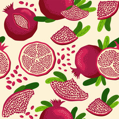 Pomegranate fruit seamless pattern. Bright leaves and fruits, seeds and lobules. Shana Tova seamless pattern