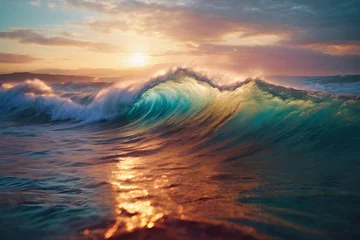 Fotobehang Strand zonsondergang Beautiful Rolling Ocean Wave at the Golden Hour. Serene and Colorful. Generative AI