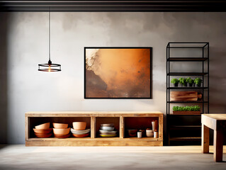 Kitchen cement walls countertop shelves stools large mock up minimal design space pendant lighting pottery dishes butcher block industrial old world design