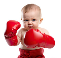 Baby newborn kid child boxer with boxing gloves in action AI image illustration. Funny boxers concept