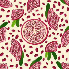 Pomegranate fruit seamless pattern. Bright leaves and fruits, seeds and lobules. Shana Tova seamless pattern