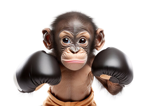 Baby newborn little orangutan ape boxer with boxing gloves in action AI image illustration. Funny animal boxers concept