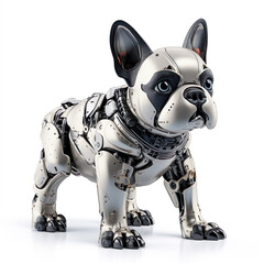 French bulldog toy futuristic pet dog AI robot bot artificial intelligence generative image illustration isolated on white background. Future childhood toys concept