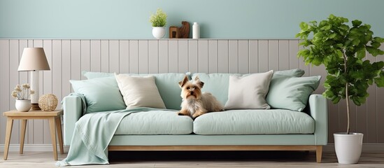 Modern mint sofa wooden console coffee table lamp plant poster frame pillows plaid and adorable dog...