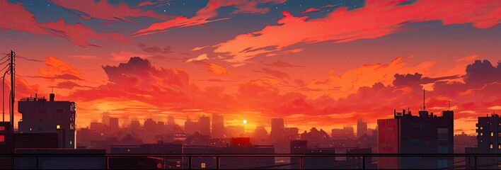 City skyline at sunset. Sunset over the city. Sunset background. Landscape wallpaper anime style. 