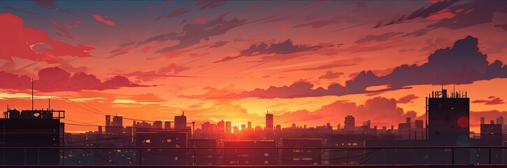 Naklejka premium Sunset over the city. Sunset background. Landscape wallpaper anime style. 