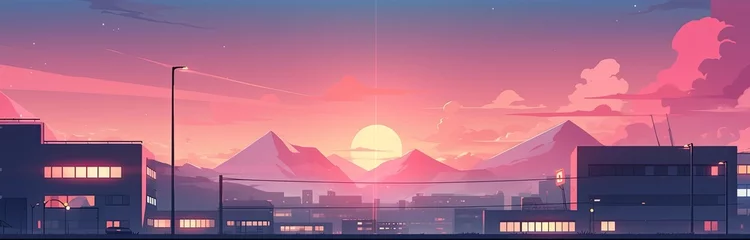 Badkamer foto achterwand Sunset over the city. Sunset background. Landscape wallpaper anime style.  © Anastasiia