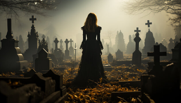 A Spooky Night, One Person Walks Among Tombstones In Darkness Generated By AI