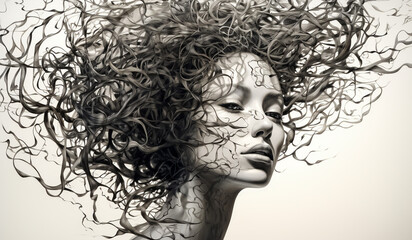 Anatomical human body covered with branches and roots. Woman tree concept. AI generated