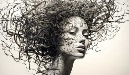 Fototapeta premium Anatomical human body covered with branches and roots. Woman tree concept. AI generated