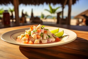 Vibrant and alluring ceviche, traditionally presented on a rustic wooden setup, echoing the authentic eateries of Peru's coastline. 