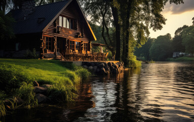 Fototapeta premium A house by the river with sauna. Generative AI