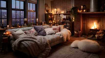 Warm sofa at night with candles and fireplace with library and city background