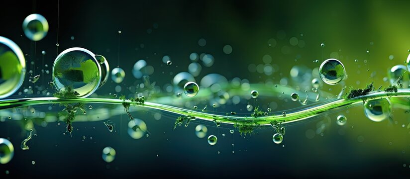 The nearness of the green bubble in liquid biochemistry lab water close to soap or shampoo washing